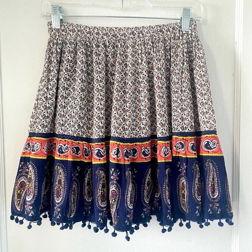 Alya Boho Paisley Skirt Small Elastic Waist Pom Pom Hem Lined - Picture 2 of 8